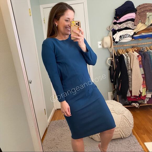 VINCE. Teal Blue Crewneck Long Sleeve Knee Length Bodycon Sheath Mini Dress L - Picture 2 of 13